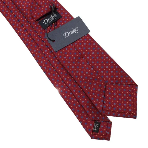 Drake's NWT Neck Tie in Red w/ Blue & Yellow Floral / Square Pattern 100% Silk